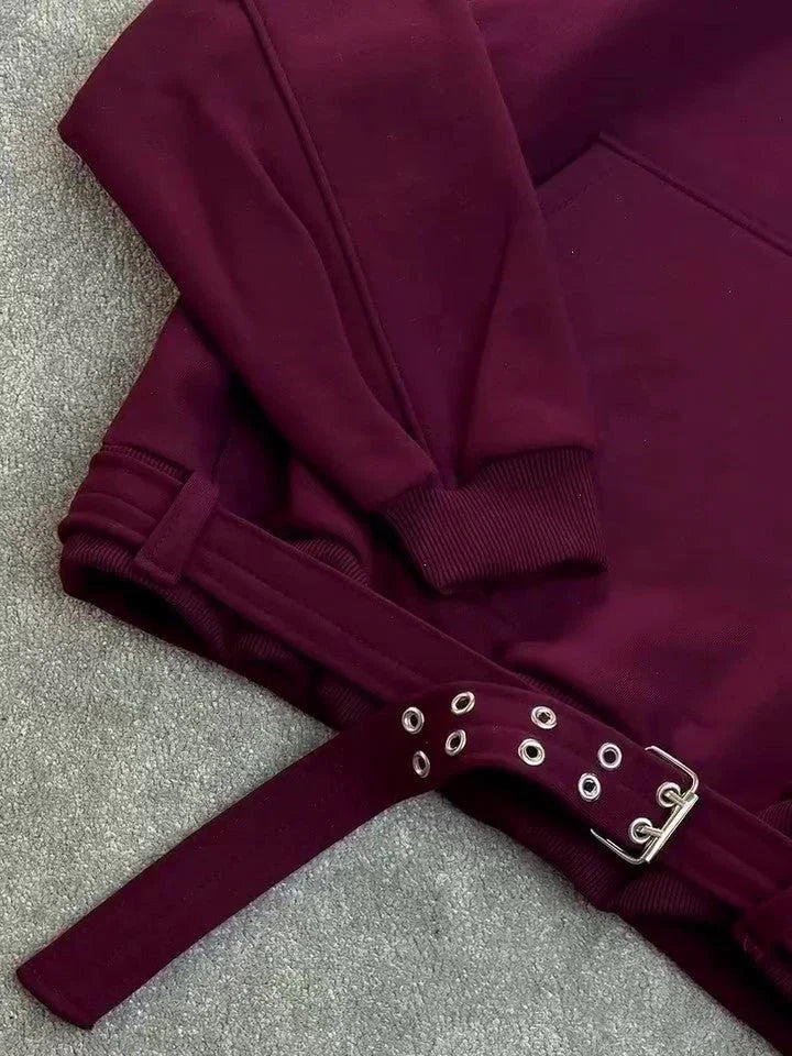 Burgundy Oversized Hoodie With Side Belt  Pre2brand