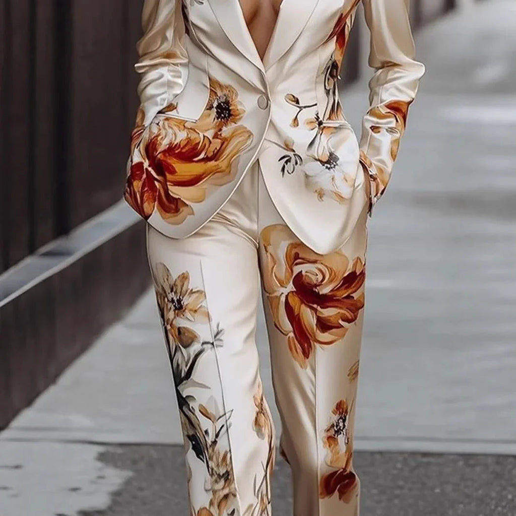 Fashion Printing Satin Long Sleeve Suit Two-Piece Set  Pre2brand