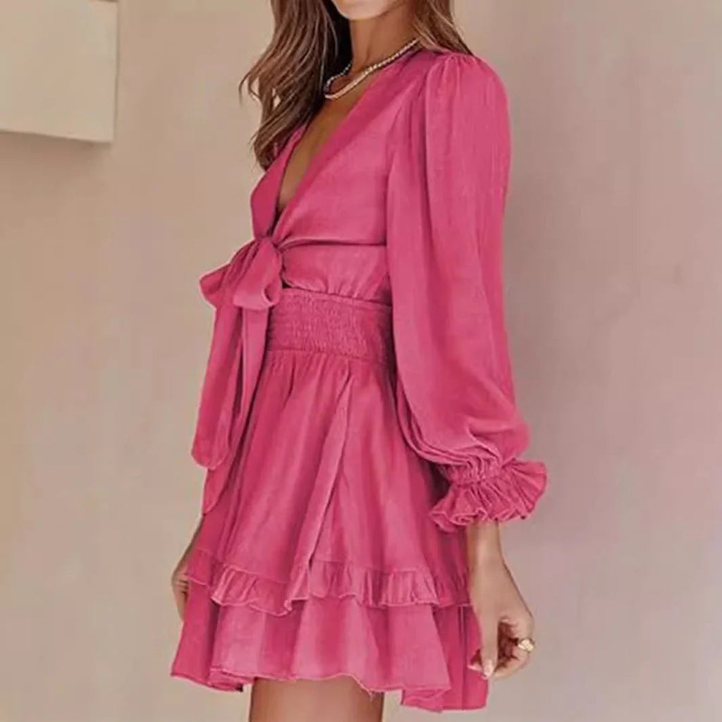 V-Neck Ruffled Slimming Long Sleeves Short A- Line Dress  Pre2brand