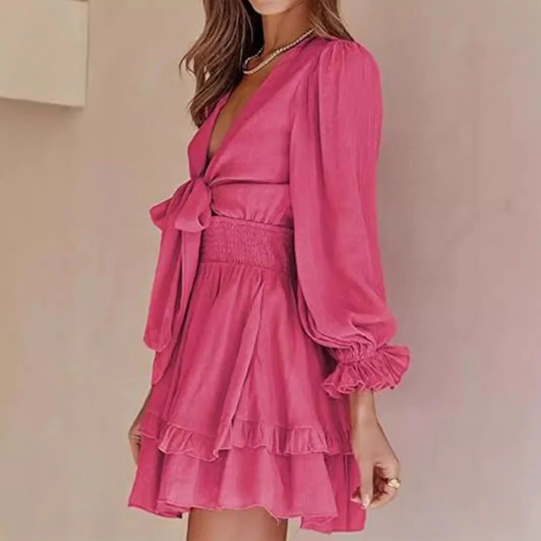 V-Neck Ruffled Slimming Long Sleeves Short A- Line Dress  Pre2brand