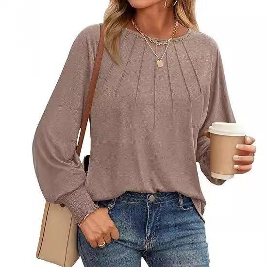Women's Round Neck Pleated Long Sleeve Top  Pre2brand