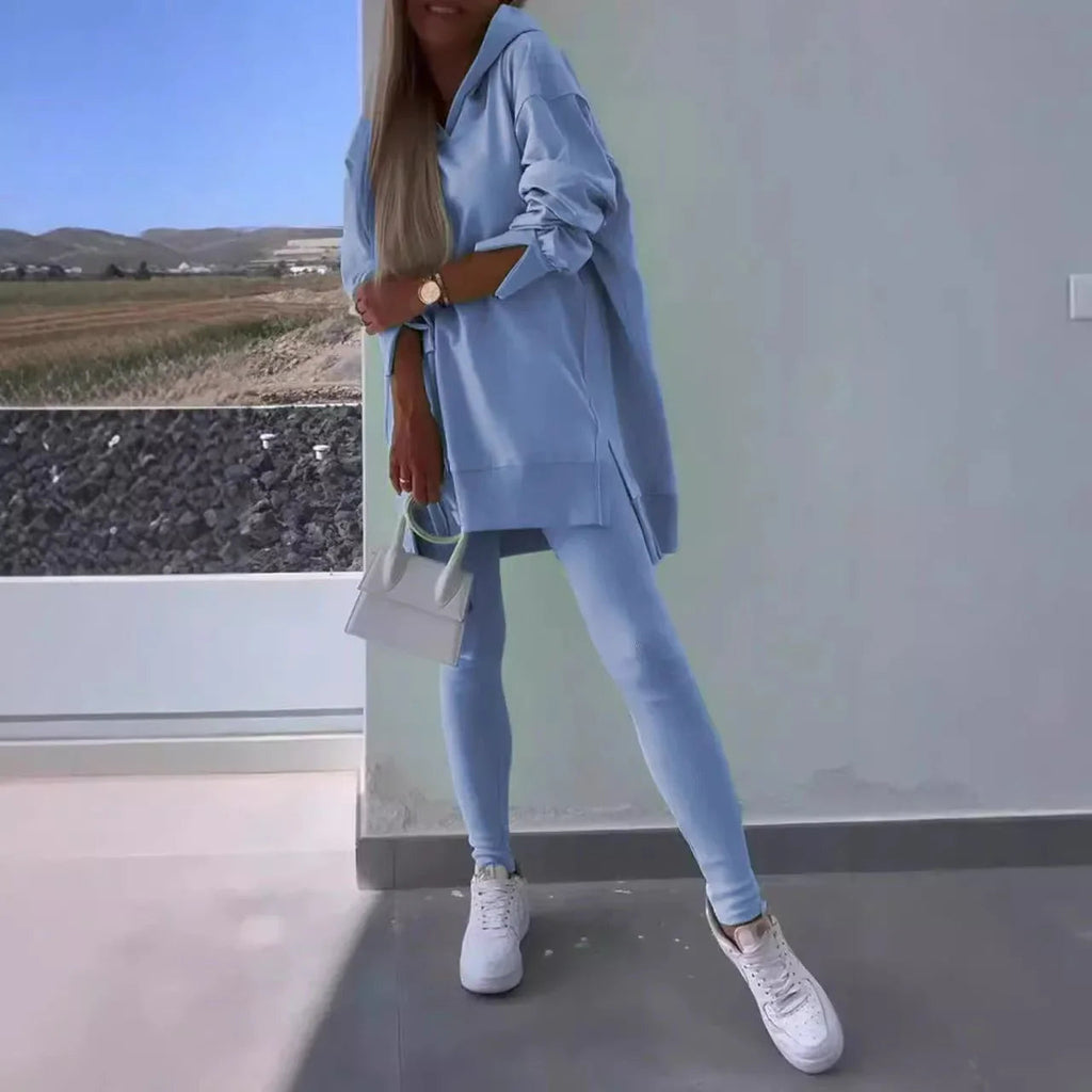 Women'S Sports Casual Slit Hooded Sweatshirt Tights Two-Piece Set  Pre2brand