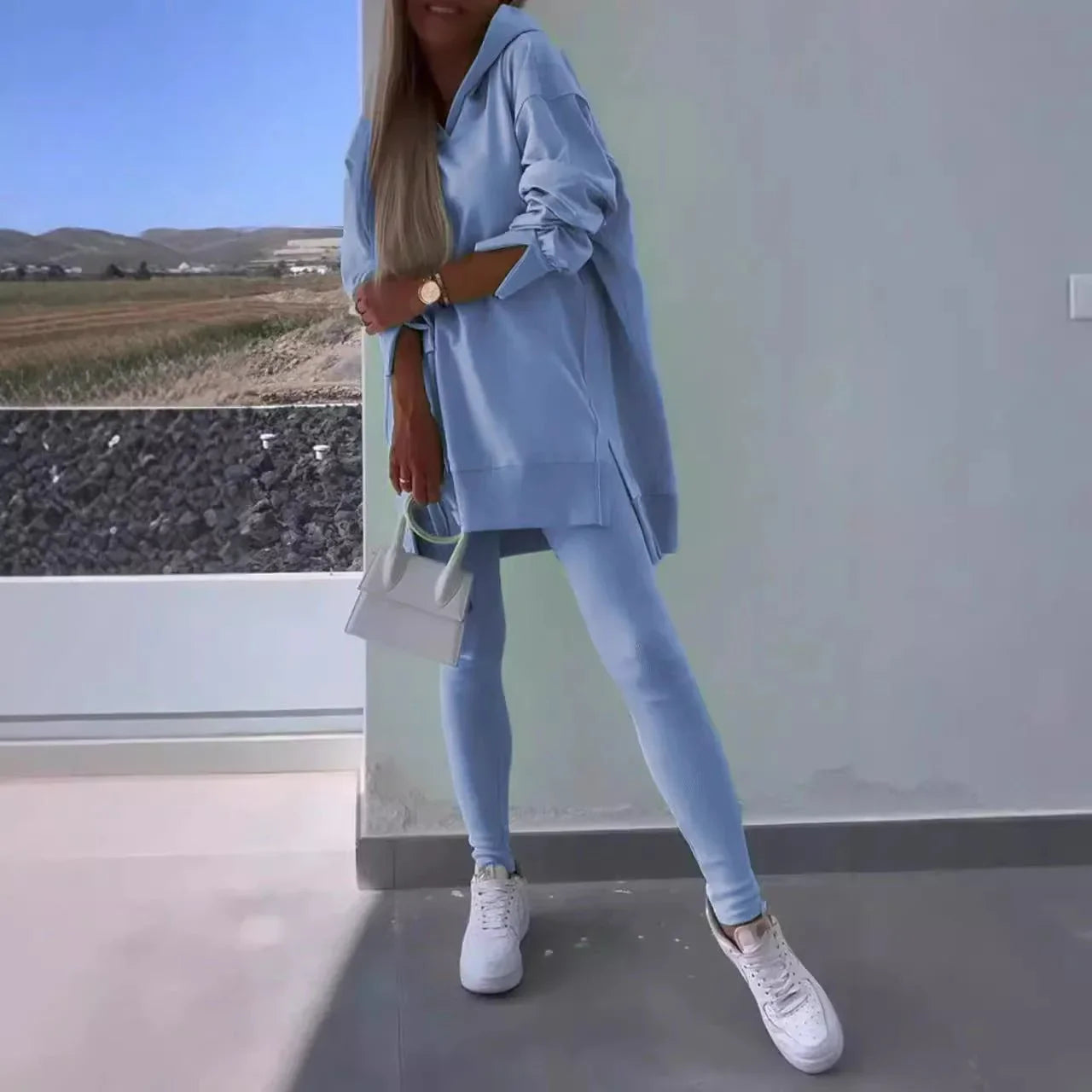 Women'S Sports Casual Slit Hooded Sweatshirt Tights Two-Piece Set  Pre2brand