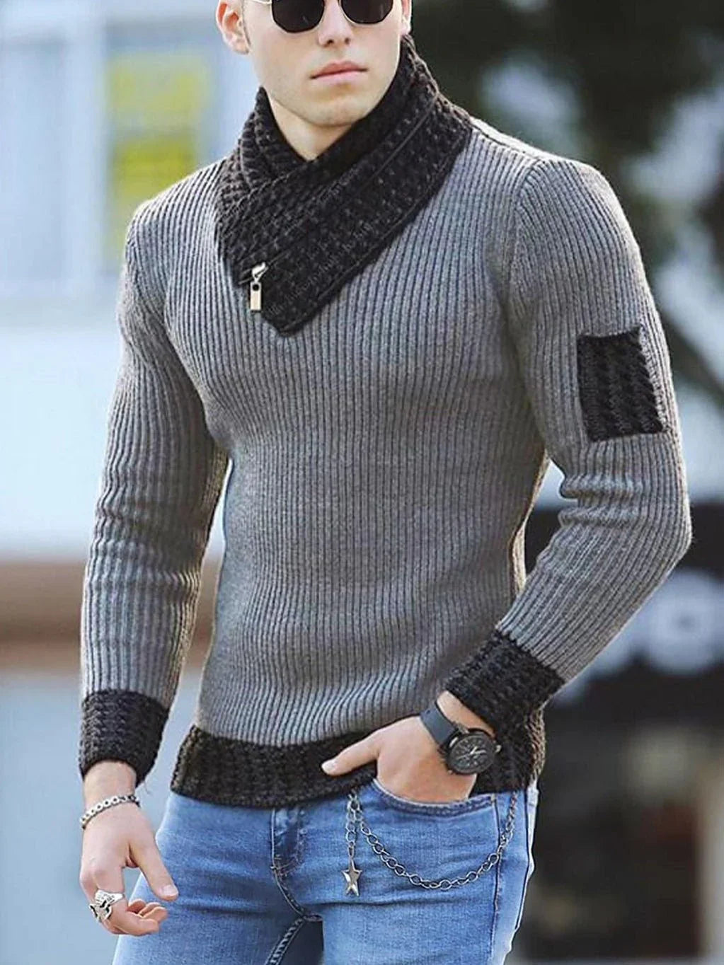 Independent Station Casual Slim Knit Pullover Long-Sleeved Scarf Collar Sweater Men'S  Pre2brand