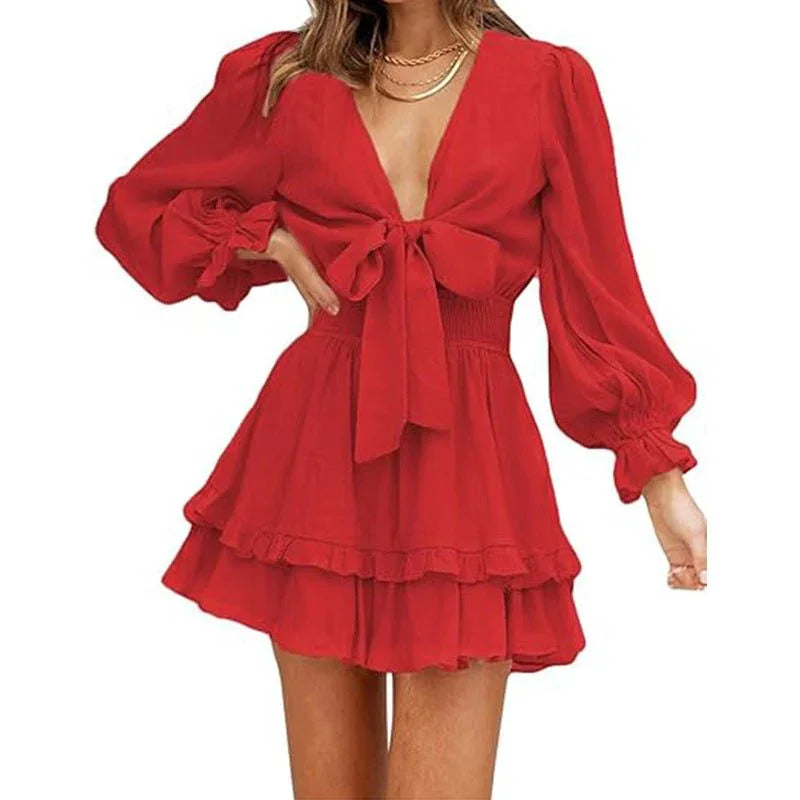 V-Neck Ruffled Slimming Long Sleeves Short A- Line Dress  Pre2brand