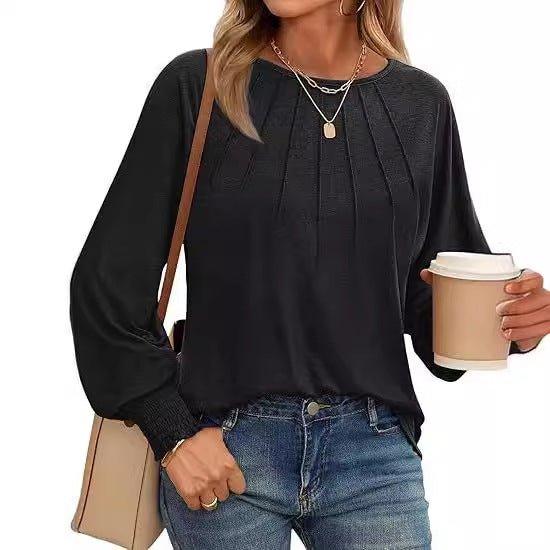Women's Round Neck Pleated Long Sleeve Top  Pre2brand