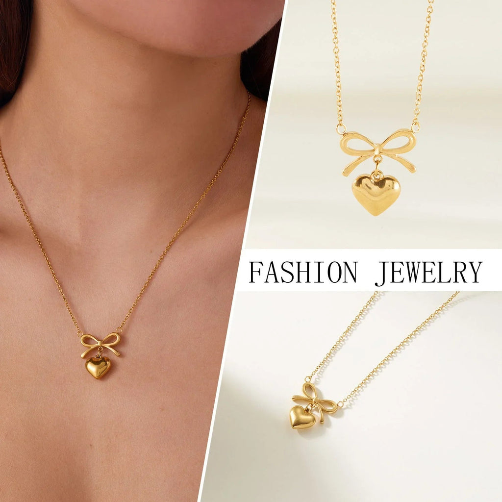 Women's Stainless Steel Heart Bowknot Choker Necklace  Pre2brand