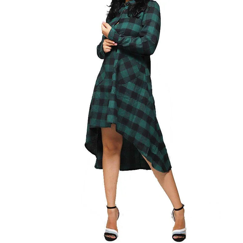 Women's Plaid Pocket Long Sleeve Polo Coat  Pre2brand