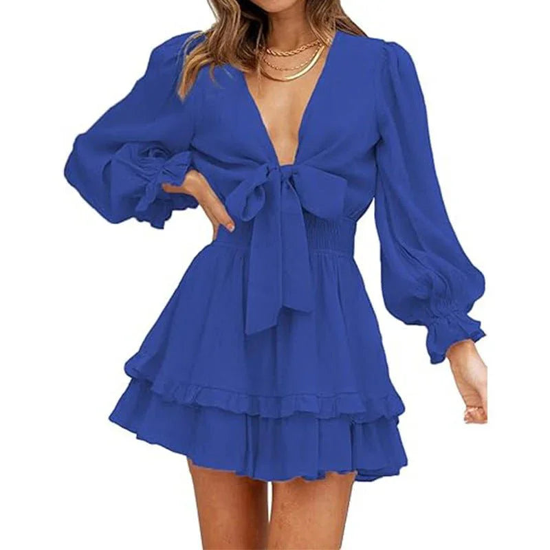 V-Neck Ruffled Slimming Long Sleeves Short A- Line Dress  Pre2brand