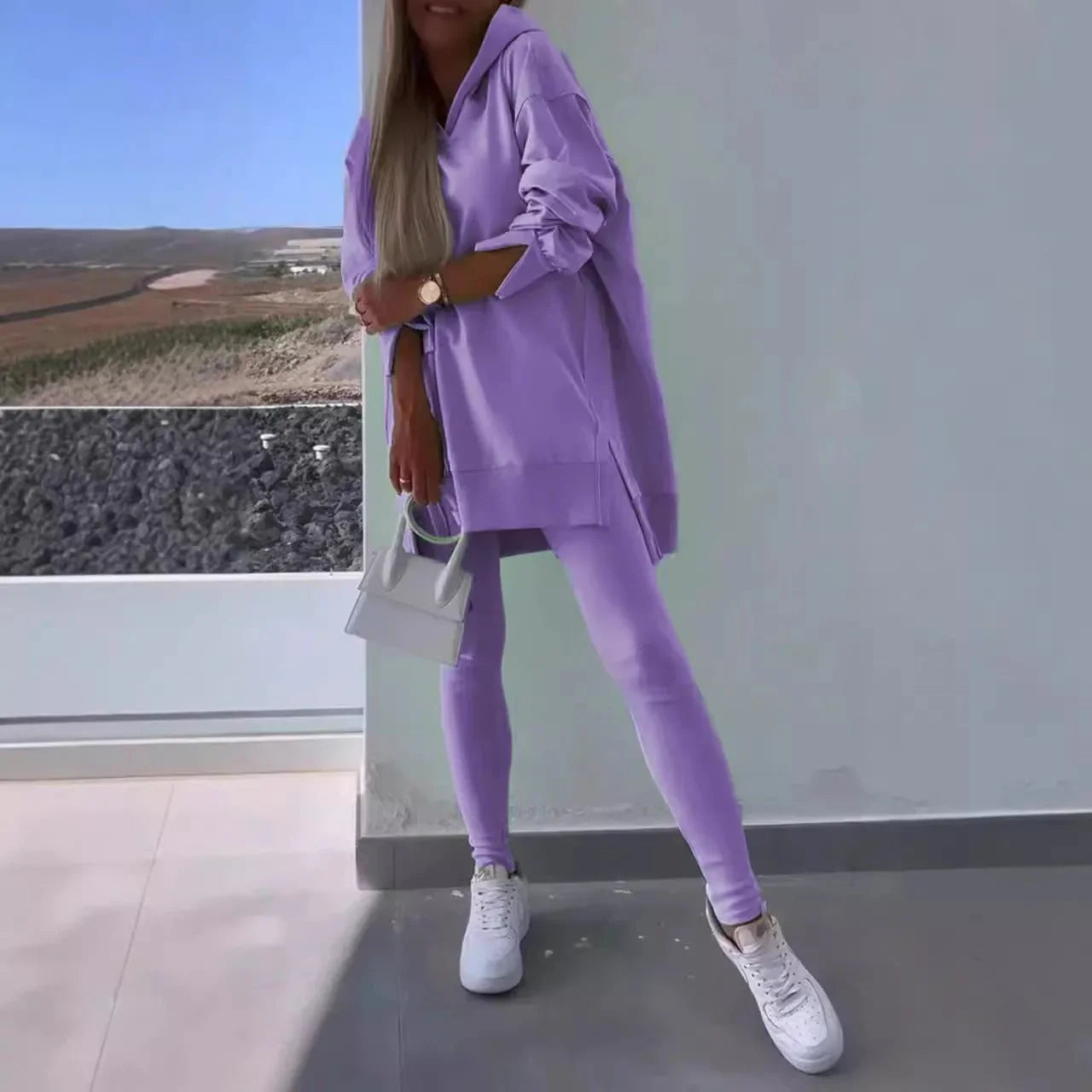 Women'S Sports Casual Slit Hooded Sweatshirt Tights Two-Piece Set  Pre2brand