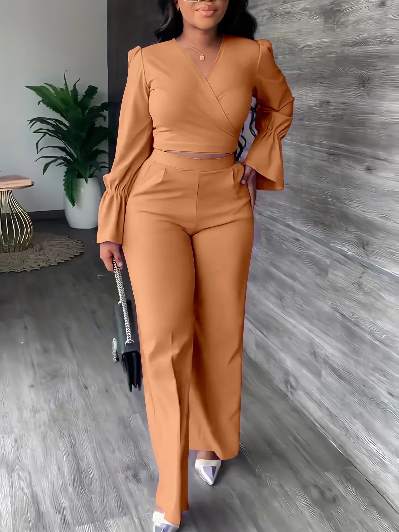 Women's Cross V-Neck Long Sleeve Trouser Suit  Pre2brand