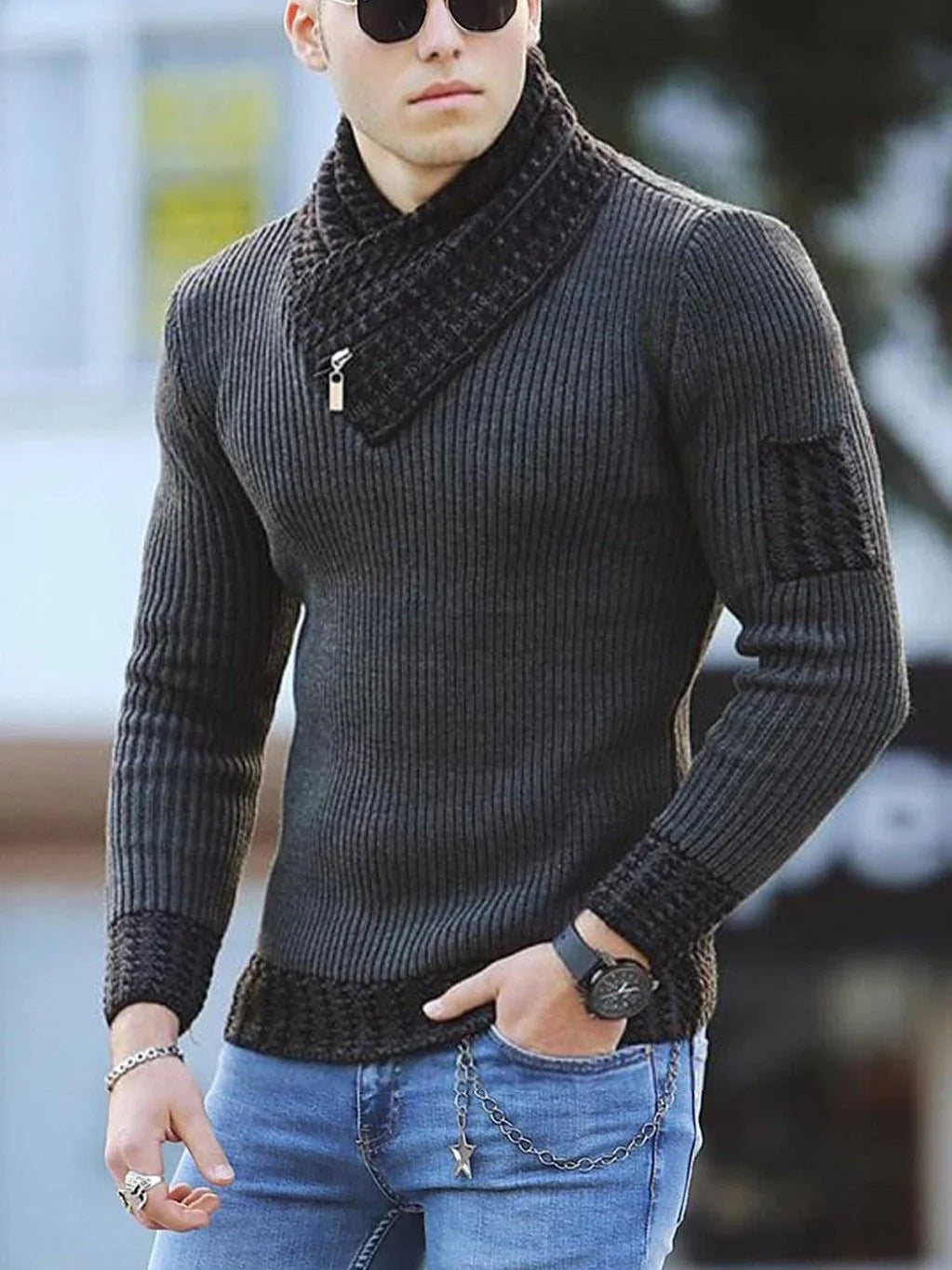 Independent Station Casual Slim Knit Pullover Long-Sleeved Scarf Collar Sweater Men'S  Pre2brand