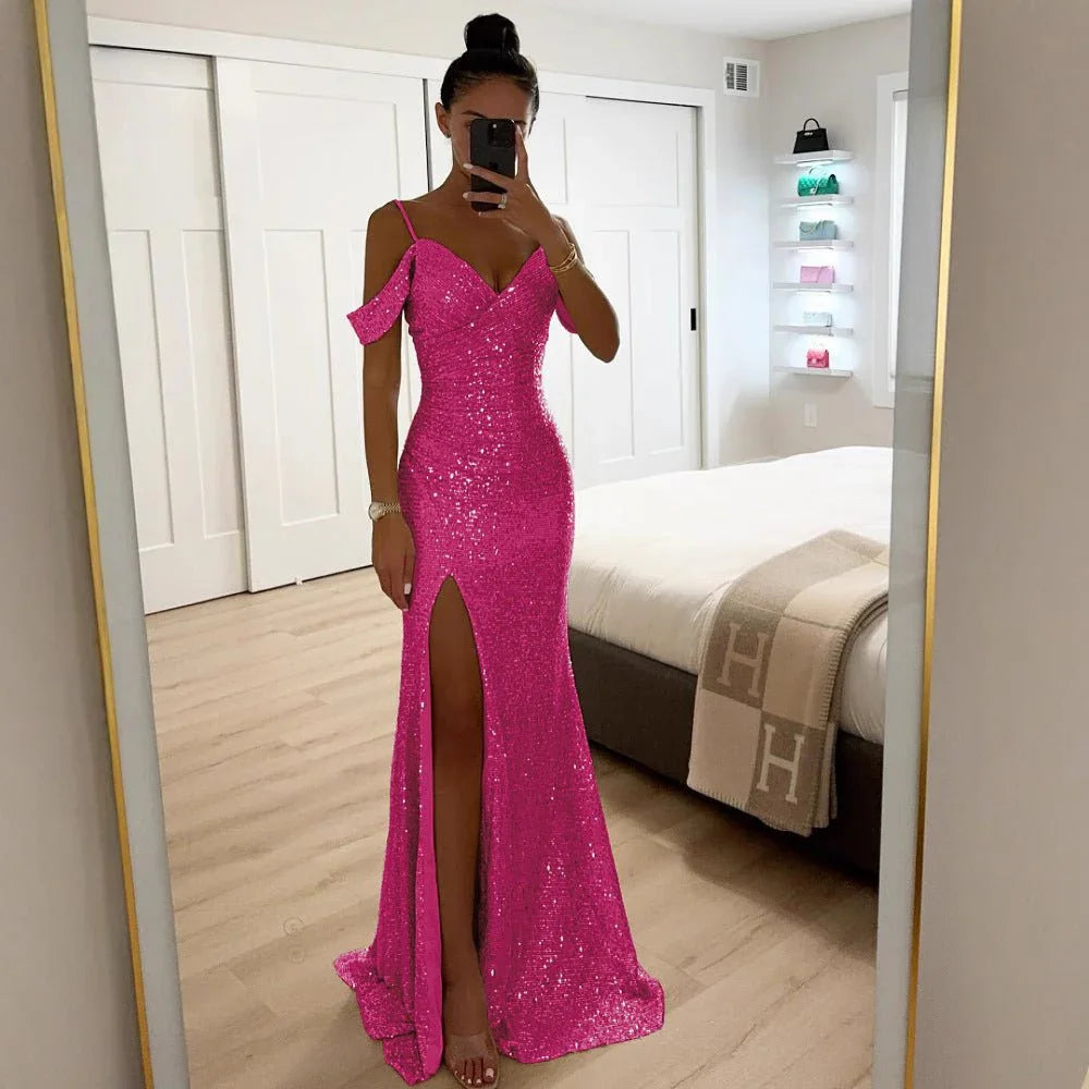 Women'S Casual European And American Sequined Suspender Split Dress  Pre2brand