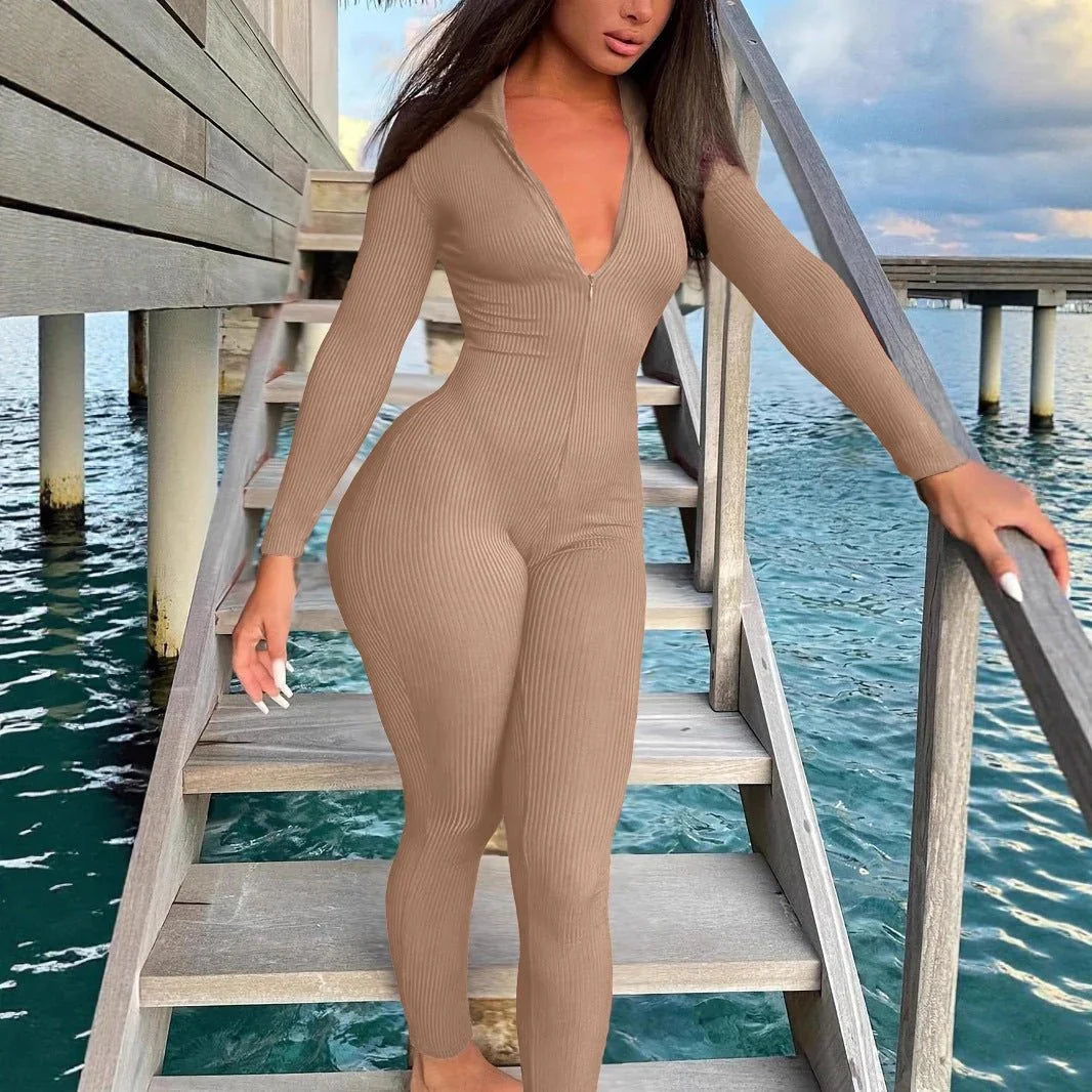 Casual Ribbed Zip-Up Jumpsuit Long Sleeves  Pre2brand