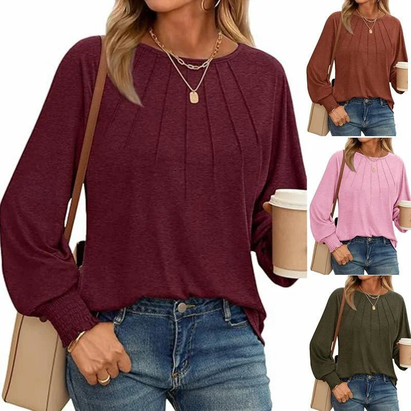Women's Round Neck Pleated Long Sleeve Top  Pre2brand