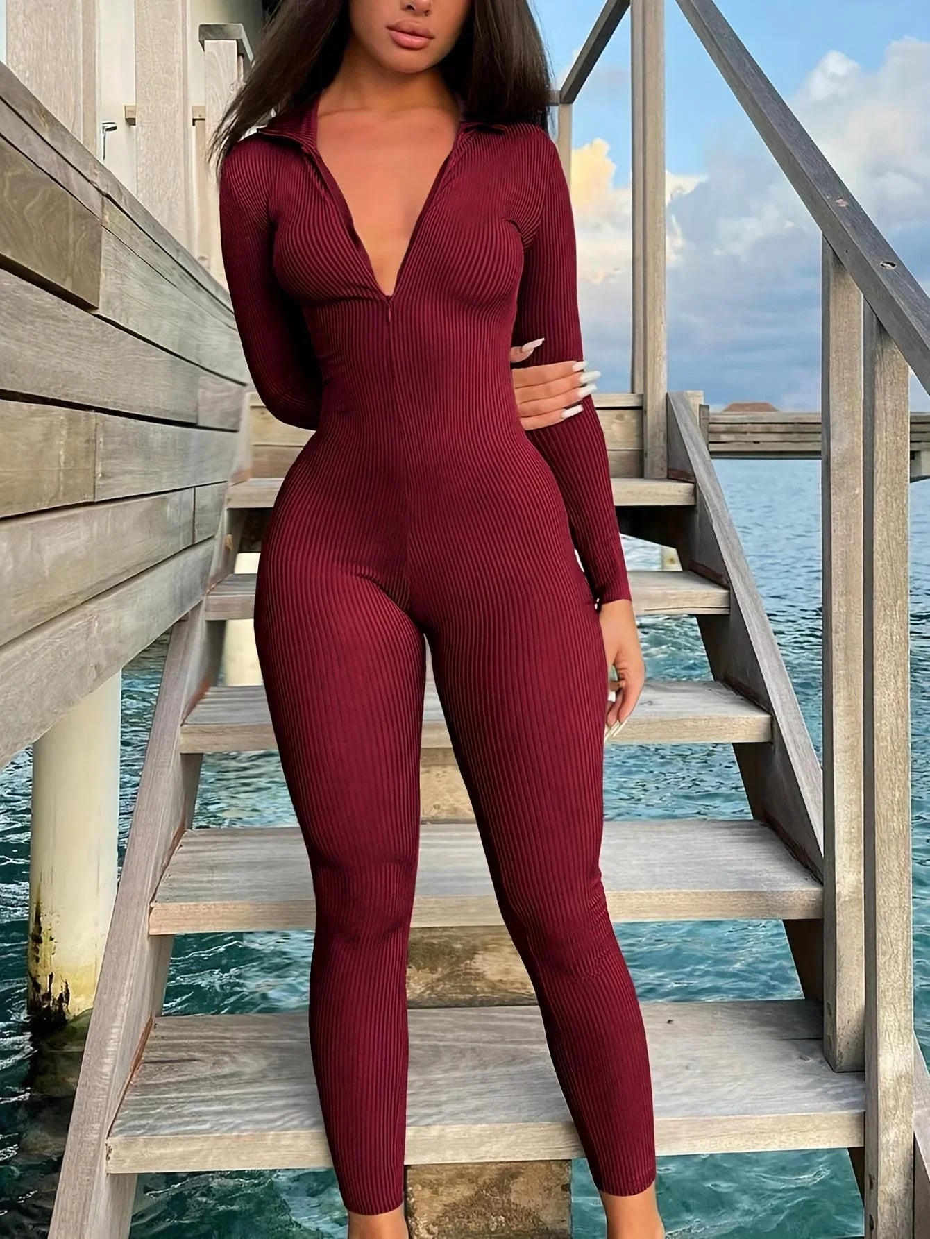 Casual Ribbed Zip-Up Jumpsuit Long Sleeves  Pre2brand