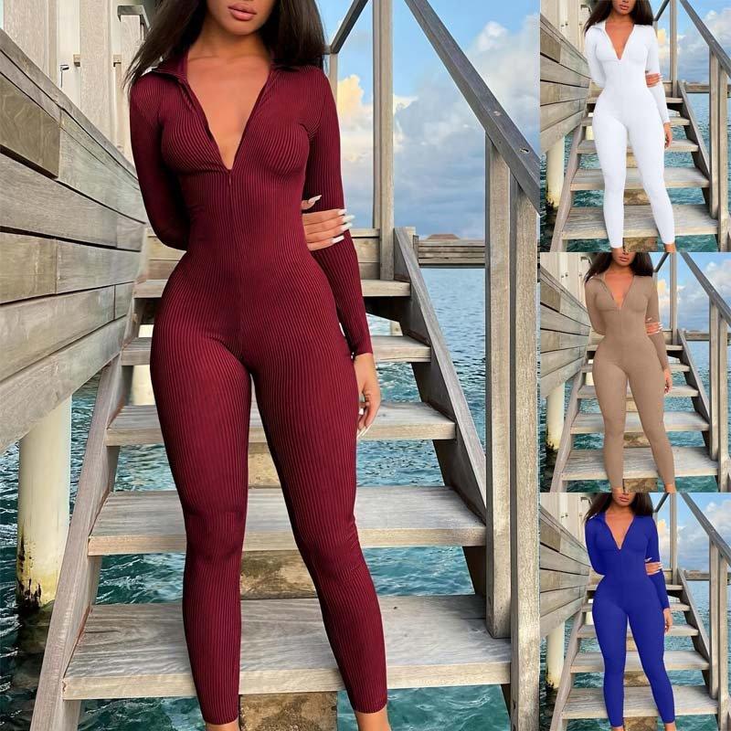 Casual Ribbed Zip-Up Jumpsuit Long Sleeves  Pre2brand