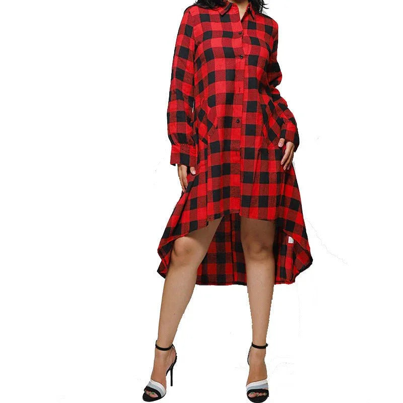 Women's Plaid Pocket Long Sleeve Polo Coat  Pre2brand