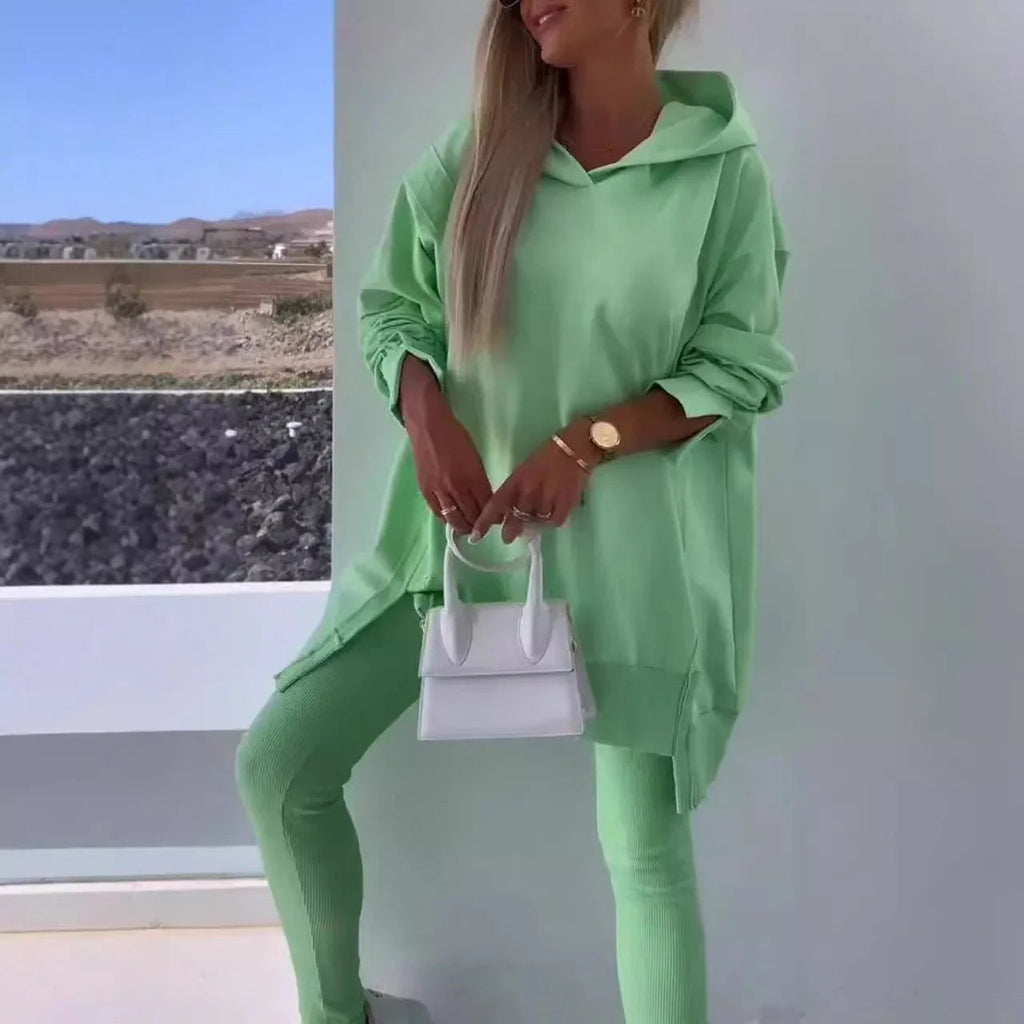 Women'S Sports Casual Slit Hooded Sweatshirt Tights Two-Piece Set  Pre2brand