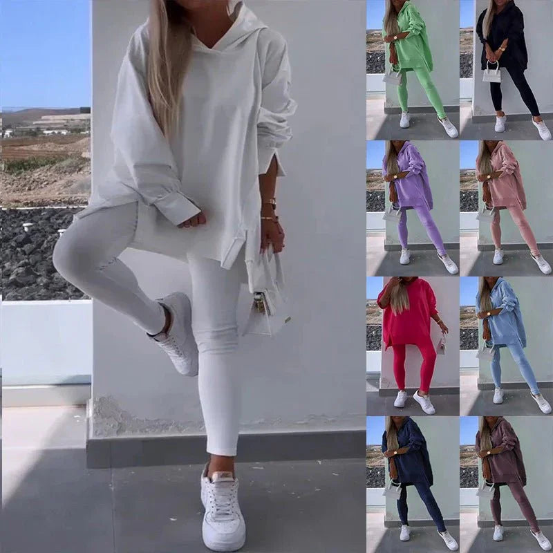Women'S Sports Casual Slit Hooded Sweatshirt Tights Two-Piece Set  Pre2brand