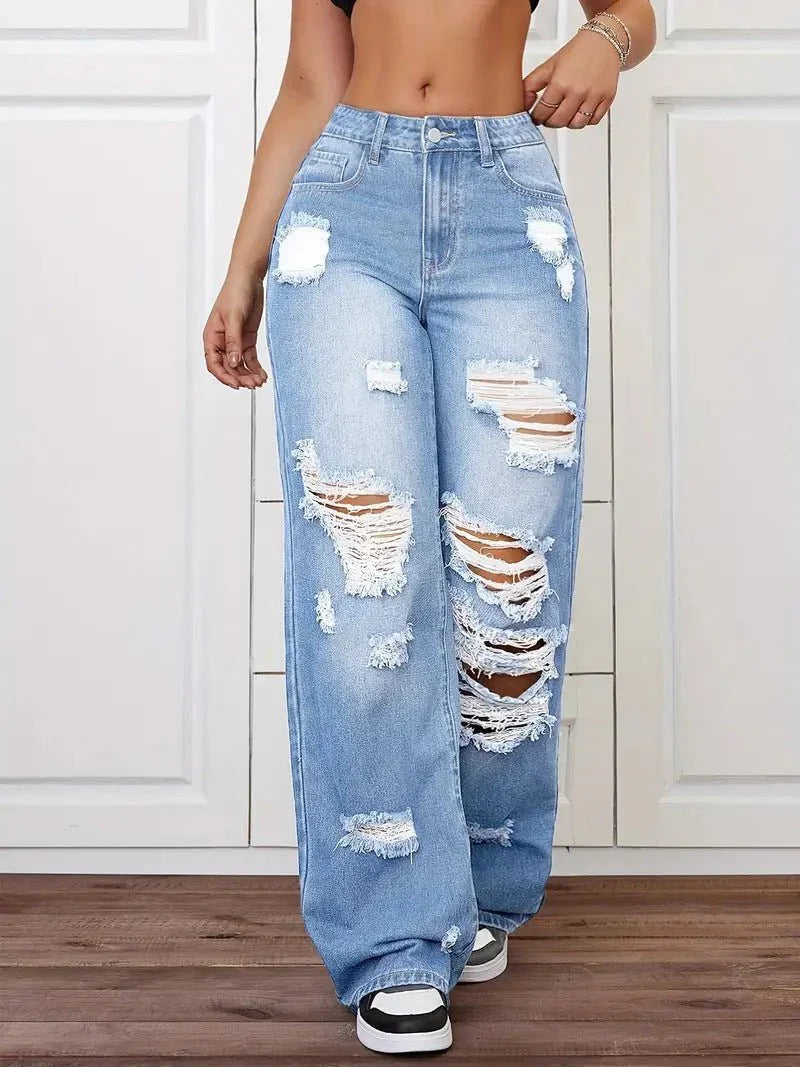 Women's Washed Ripped Straight Jeans  Pre2brand