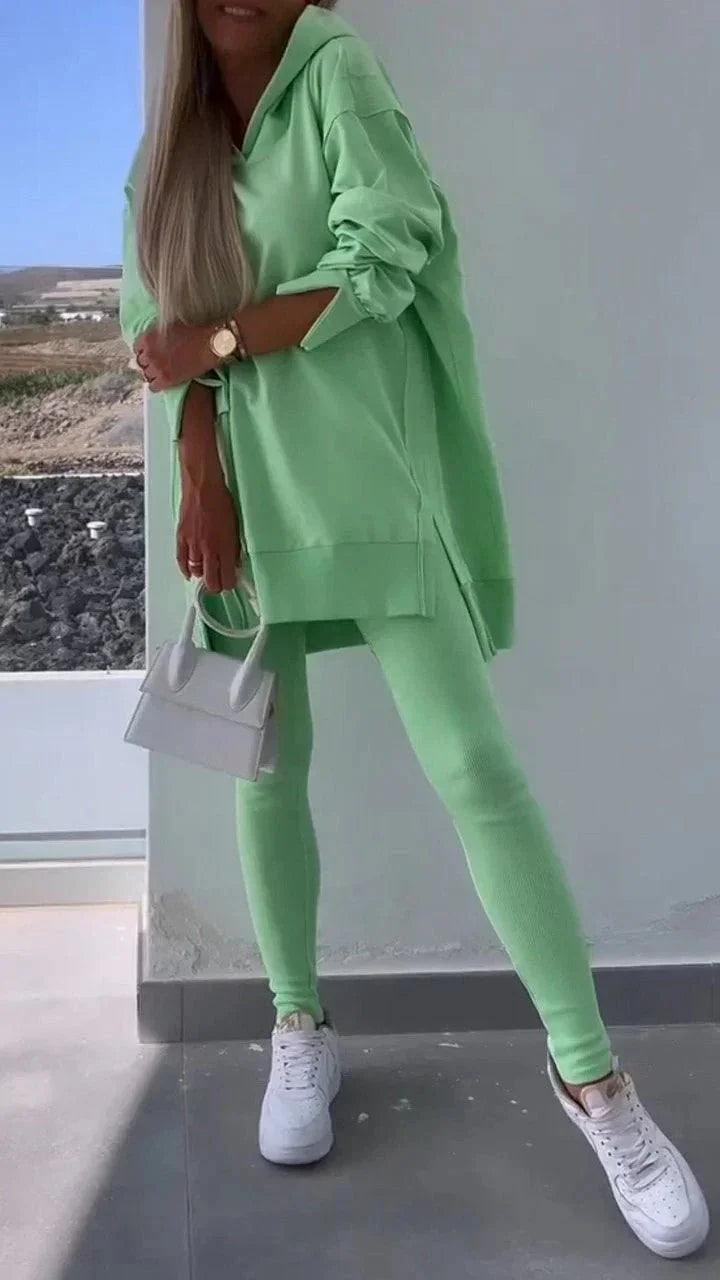 Women'S Sports Casual Slit Hooded Sweatshirt Tights Two-Piece Set  Pre2brand