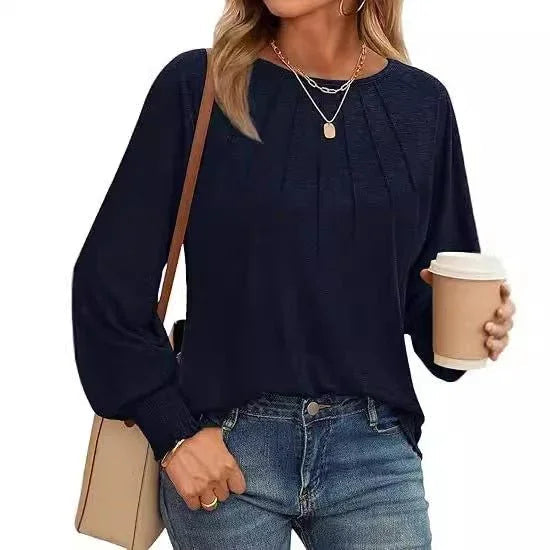 Women's Round Neck Pleated Long Sleeve Top  Pre2brand