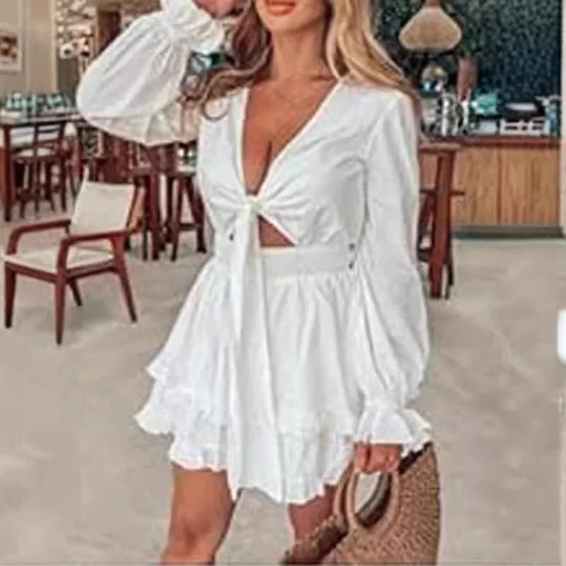 V-Neck Ruffled Slimming Long Sleeves Short A- Line Dress  Pre2brand