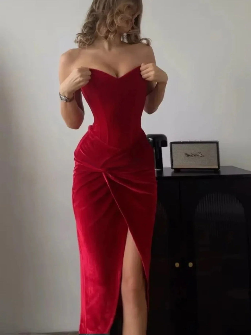 Red Velvet Tube Top Twist Dress  Pre2brand