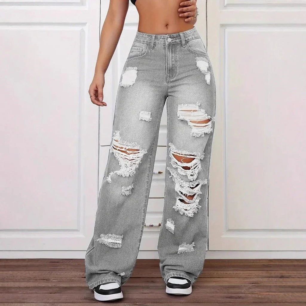 Women's Washed Ripped Straight Jeans  Pre2brand