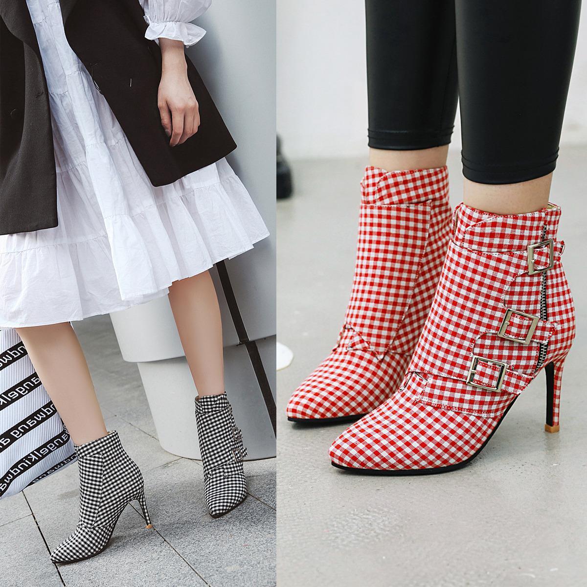 Women's Plaid High Heel Ankle Boots  Pre2brand