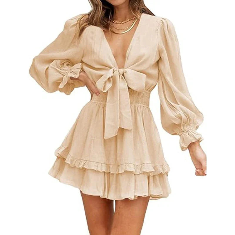 V-Neck Ruffled Slimming Long Sleeves Short A- Line Dress  Pre2brand