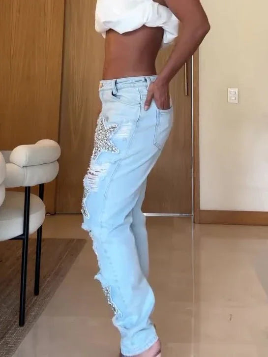 Five-Pointed Star Hot Diamond Ripped Jeans  Pre2brand