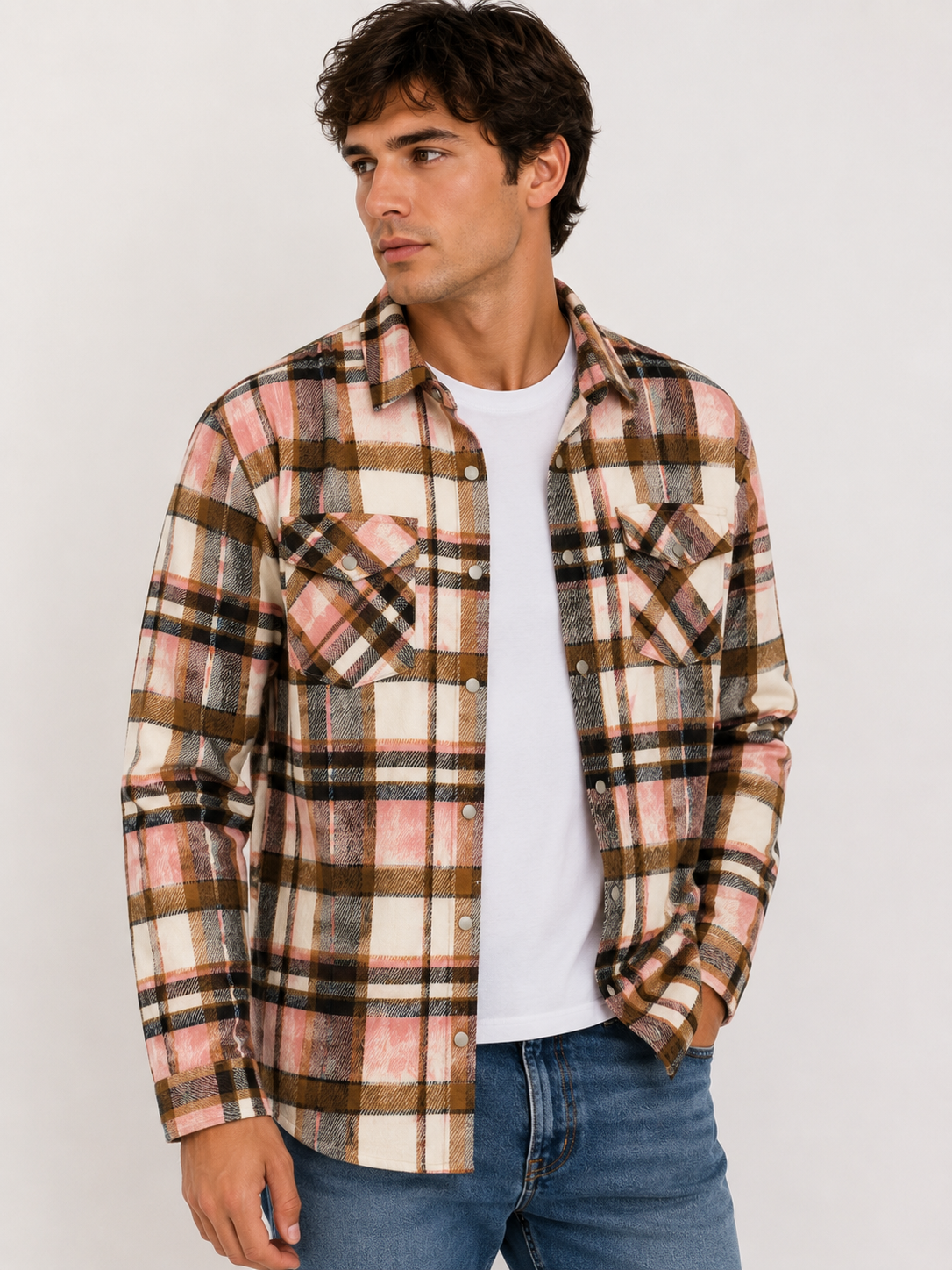 Unisex Long Sleeve Plaid Shirt Jacket – Button-Up Cardigan Coat